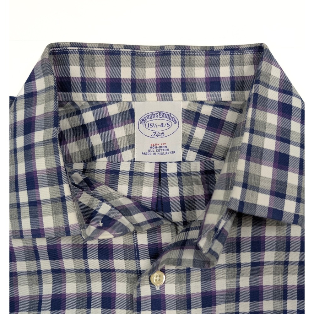 Brooks Brothers 346 Slim Fit Purple Gray Check L/S Shirt Men's Size 15.5 - 4/5 - Picture 2 of 6